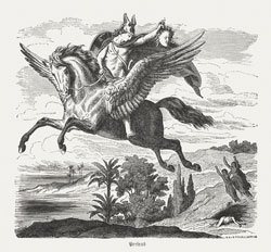 Hero Perseus on Pegasus holding the head of Medusa