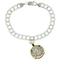 Hungarian dated 1548, Madonna and Child denar coin in 14k gold bezel on silver charm bracelet. 
