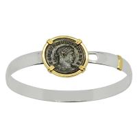 Roman Empire AD 315-317, Constantine the Great and Sol follis in 14k gold bezel on silver bracelet.