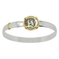 Greek 328-323 BC, Lifetime Alexander the Great drachm in 14k gold bezel on silver bracelet.