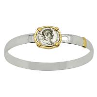 Roman Empire AD 117-138, Hadrian and Mars denarius in 14k gold bezel on silver bracelet.