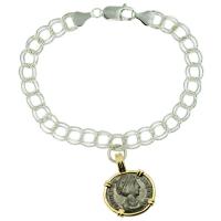Roman Constantinople AD 324-329, Saint Helena and Pax follis coin in 14k gold bezel on silver charm bracelet. 
