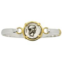 Roman Republic 90 BC, Apollo denarius in 14k gold bezel on silver bracelet.