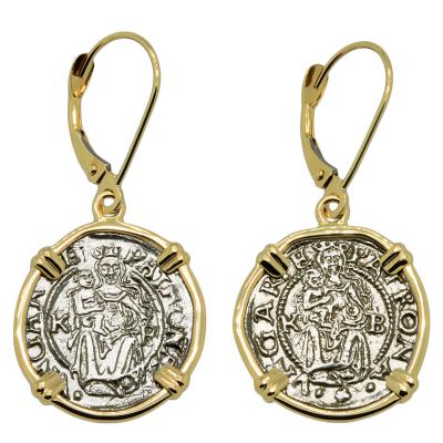 1550, 1557 Madonna and Child coins in gold earrings