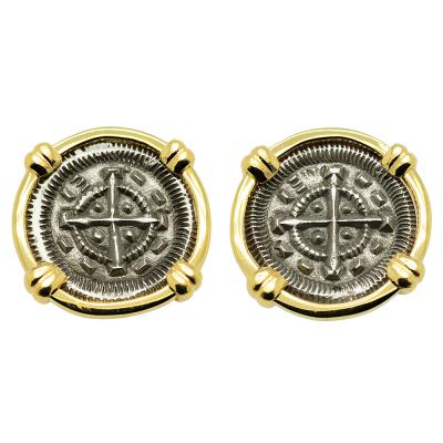 1131-1141 Bela II Crusader Cross denar in gold earrings