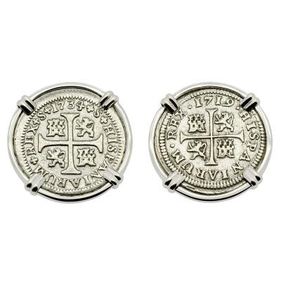 1734 and 1719 Spanish coins in white gold earrings