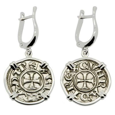 Medieval Crusader Cross coins in white gold earrings