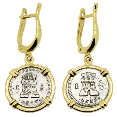 Spanish Ferdinand VII 1/4 reales in gold earrings