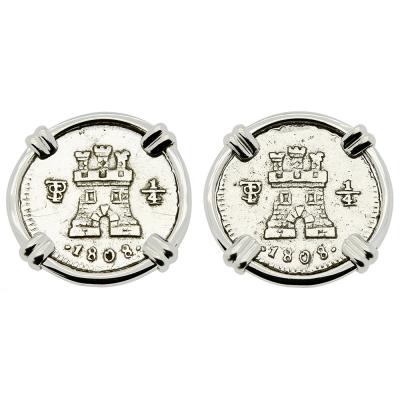 1808 Spanish 1/4 reales in white gold earrings
