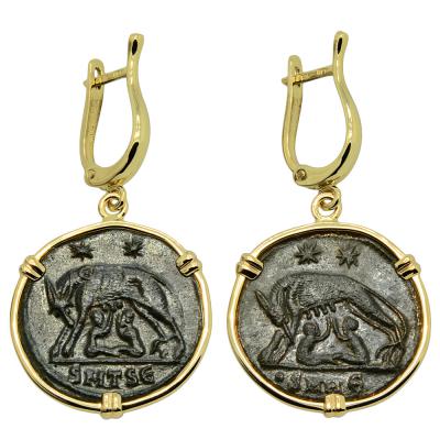 330-336 She-Wolf and Twins coins in gold earrings