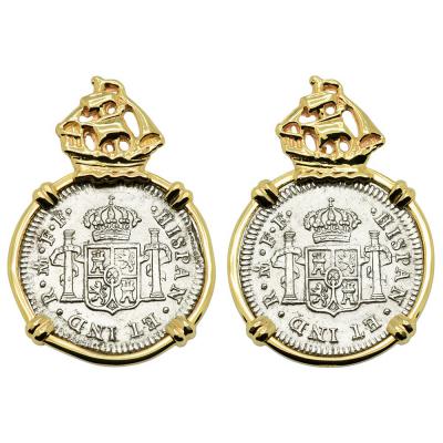 1783 El Cazador 1/2 reales  in gold galleon earrings