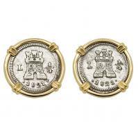 Colonial Spanish King Ferdinand VII 1/4 reales dated 1821 in 14k gold earrings.