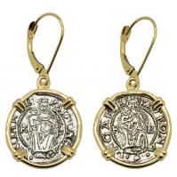Hungarian dated 1550 and 1557, Madonna and Child denar in 14k gold earrings. 