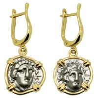 Greek 170-150 BC, Sun God Helios and Rose hemidrachms in 14k gold earrings.