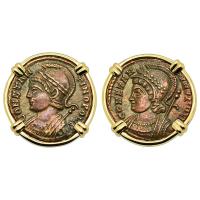 Roman Empire AD 332-333, Constantinopolis and Victory nummus in 14k gold earrings.