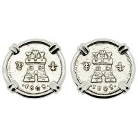 Spanish King Charles IV 1/4 reales dated 1808, in 14k white gold earrings.