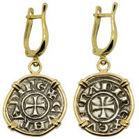 Italian 1139-1252, Crusader Cross denaro in 14k gold earrings.