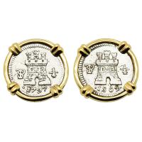 Spanish King Charles IV 1/4 reales dated 1797 and 1802, in 14k gold earrings.