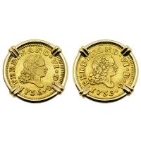 Spanish King Ferdinand VI 1756 and 1759, half escudos in 14k gold earrings.