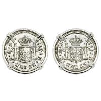 Spanish 1/2 reales dated 1783 in 14k white gold earrings, The 1784 Shipwreck that Changed America.