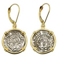Hungarian dated 1528 and 1552, Madonna and Child denar in 14k gold earrings. 