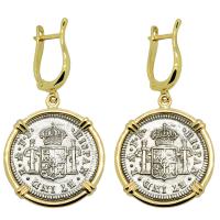 Spanish 1/2 reales dated 1783 in 14k gold earrings, The 1784 Shipwreck that Changed America.