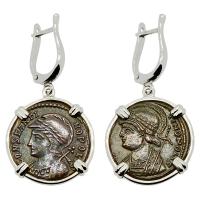 Roman Empire AD 332-333, Constantinopolis and Victory nummus in 14k white gold earrings.