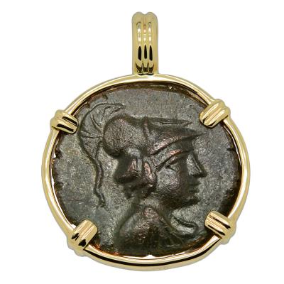 280-200 BC Athena bronze coin in gold pendant