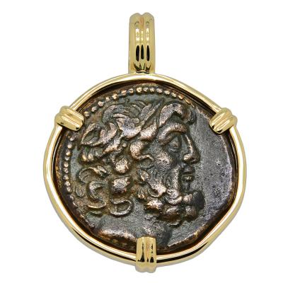 100-25 BC Zeus bronze coin in gold pendant