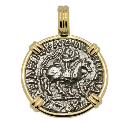 35-12 BC King Azes II on horseback coin in gold pendant