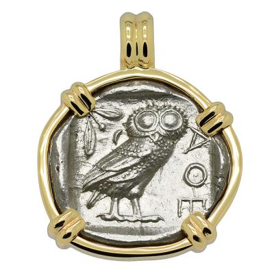 454-404 BC Owl tetradrachm coin in gold pendant