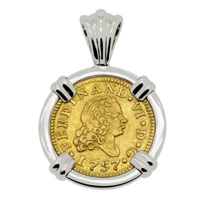 1757 Spanish 1/2 Escudo in white gold pendant