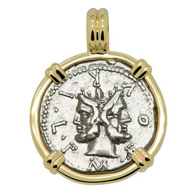 120 BC Janus denarius coin in gold pendant