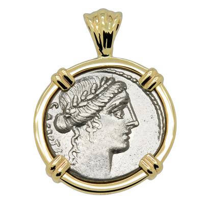 49 BC Salus denarius coin in gold pendant