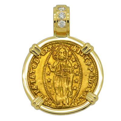 Jesus Christ gold ducat in 18k pendant with diamonds