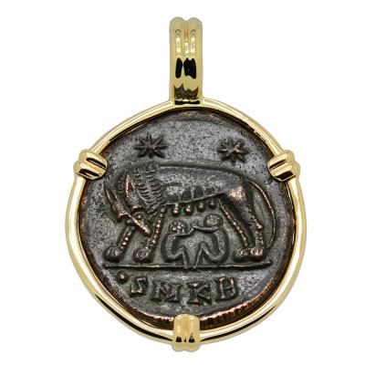 AD 330-336 Roman She-Wolf coin in gold pendant
