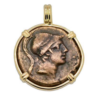 115-90 BC Ares bronze coin in gold pendant