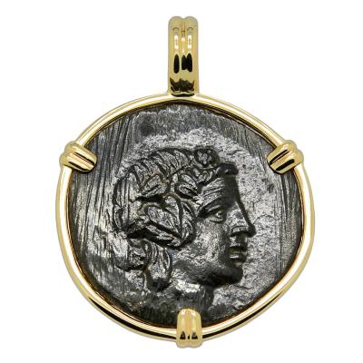 110-90 BC Dionysus bronze coin in gold pendant