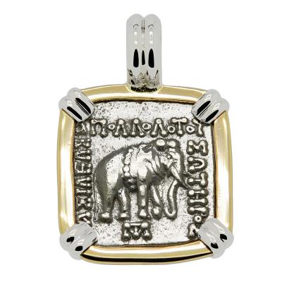 Elephant drachm in white and yellow gold pendant