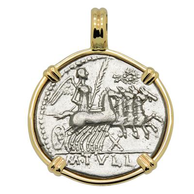 120-119 BC Victory Chariot coin in gold pendant