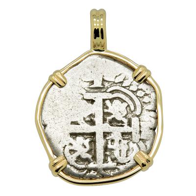 1737 Spanish one real in gold pendant