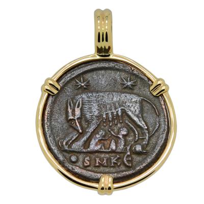 AD 330-336 Roman She-Wolf coin in gold pendant