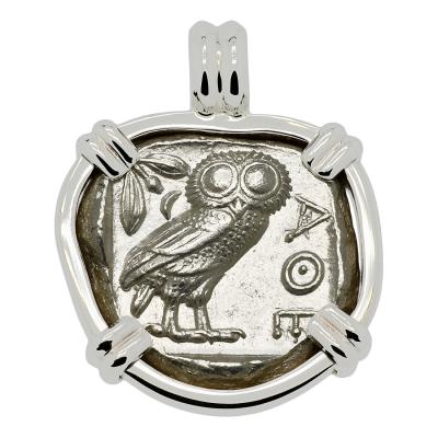 454-404 BC Owl tetradrachm coin in white gold pendant