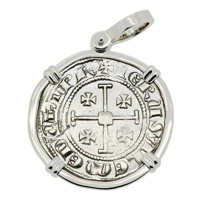 1285-1324 Crusader cross coin in white gold pendant
