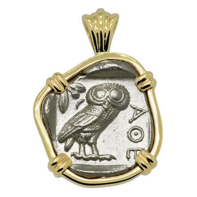 454-404 BC Owl tetradrachm coin in gold pendant