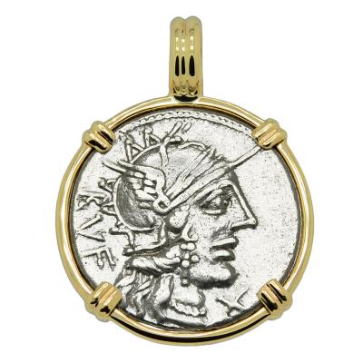 122 BC Roma denarius in gold pendant