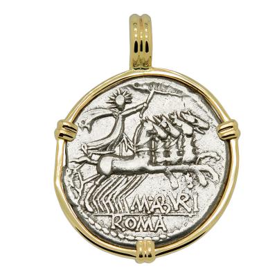 132 BC Sol Chariot denarius in gold pendant