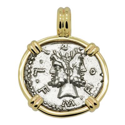 120 BC Janus denarius coin in gold pendant