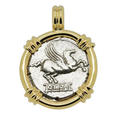 90 BC Pegasus denarius in gold pendant