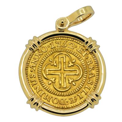 1752 Portuguese 2000 Reis in gold pendant